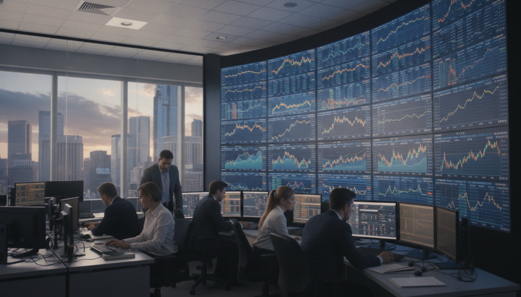 A bustling financial trading floor during the active hours of global market transactions. In the foreground, diverse professional traders in business attire, focused on their computer screens, actively communicating with one another. The middle ground features large digital screens displaying dynamic financial data and stock tickers, illuminated in vibrant blue and gold hues that reflect a clean, premium aesthetic. The background shows a sleek glass-walled office environment with a view of a city skyline, symbolizing financial power. Soft, ambient lighting creates a professional and energetic atmosphere, enhancing the sense of constant movement and decision-making. The image captures the essence of market hours and the high stakes involved in trading. A bustling financial trading floor during the active hours of global market transactions. In the foreground, diverse professional traders in business attire, focused on their computer screens, actively communicating with one another. The middle ground features large digital screens displaying dynamic financial data and stock tickers, illuminated in vibrant blue and gold hues that reflect a clean, premium aesthetic. The background shows a sleek glass-walled office environment with a view of a city skyline, symbolizing financial power. Soft, ambient lighting creates a professional and energetic atmosphere, enhancing the sense of constant movement and decision-making. The image captures the essence of market hours and the high stakes involved in trading.