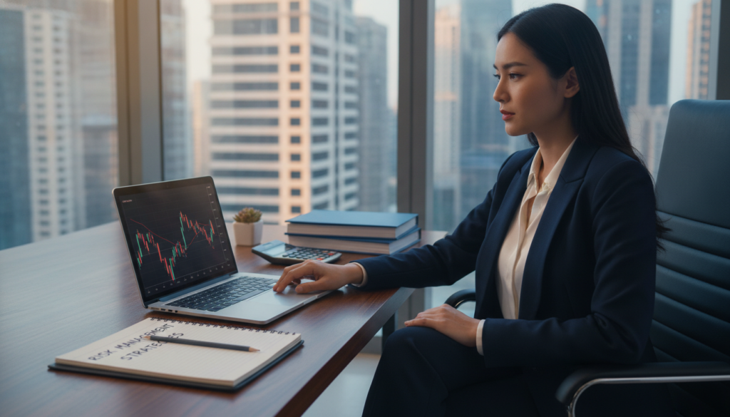 A clean, photorealistic finance office scene featuring a professional businesswoman reviewing stock market data on a sleek laptop. In the foreground, there are stock charts on the screen displaying declining trends, with a notepad and a pencil beside her, symbolizing risk management strategies. The middle area includes a modern desk with financial reports, a calculator, and a decorative plant, conveying a sense of organization and focus. The background showcases a large window with a cityscape view, with blue and gold tones illuminating the space through natural light, creating an atmosphere of professionalism and serenity. The woman is dressed in professional business attire, exuding confidence and expertise in managing short positions. The overall composition maintains a premium look, embodying the essence of risk management in finance.