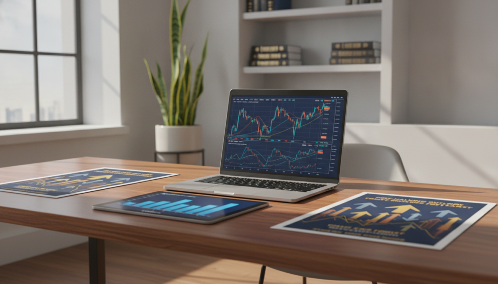A clean, photorealistic office environment featuring a modern, polished wooden desk with a sleek laptop open, displaying intricate Bitcoin price charts and technical indicators. In the foreground, a digital tablet is surrounded by gold and blue-themed financial reports and analysis documents, symbolizing upcoming Bitcoin forecasts. Natural light streams through large windows, illuminating the elegant workspace with a warm glow, while a sharp focus on the laptop screen highlights the data. The background features a minimalist bookshelf with finance books and a stylish potted plant, contributing to a sophisticated atmosphere. The overall mood conveys optimism and professionalism, fitting for an article on Bitcoin's post-halving price predictions. A clean, photorealistic office environment featuring a modern, polished wooden desk with a sleek laptop open, displaying intricate Bitcoin price charts and technical indicators. In the foreground, a digital tablet is surrounded by gold and blue-themed financial reports and analysis documents, symbolizing upcoming Bitcoin forecasts. Natural light streams through large windows, illuminating the elegant workspace with a warm glow, while a sharp focus on the laptop screen highlights the data. The background features a minimalist bookshelf with finance books and a stylish potted plant, contributing to a sophisticated atmosphere. The overall mood conveys optimism and professionalism, fitting for an article on Bitcoin's post-halving price predictions.