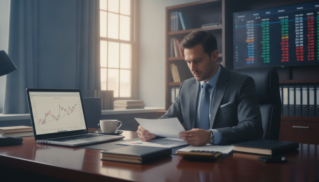 A clean, photorealistic office setting showcasing a professional financial analysis environment. In the foreground, a polished wooden desk equipped with advanced financial tools like a laptop displaying graphs, notebooks, and a gold calculator, complemented by a cup of coffee. In the middle ground, large windows allow soft, natural sunlight to illuminate the space, creating a warm blue and gold ambiance. A well-dressed analyst, wearing a tailored suit, is intently examining a balance sheet with a thoughtful expression. The background features shelves lined with finance textbooks and a wall-mounted screen displaying key financial indicators in a visually appealing format. The overall atmosphere is focused, sophisticated, and conveys a sense of urgency and professionalism, ideal for analyzing quantitative and qualitative aspects of financial statements.