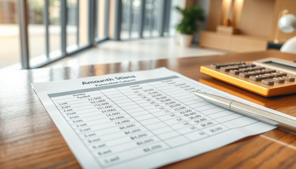 A close-up of a detailed amortization schedule spread across a polished wooden desk, with a golden calculator and a sleek silver pen resting beside it. The amortization table features clear, structured rows and columns, showcasing numbers related to loan payments, interest rates, and principal amounts. In the background, a soft-focus image of an elegant financial office with large windows letting in natural light, creating a serene atmosphere. The color palette incorporates shades of blue and gold, giving the scene a clean and premium look. The overall composition should evoke professionalism and clarity, suitable for an analytical financial discussion. A close-up of a detailed amortization schedule spread across a polished wooden desk, with a golden calculator and a sleek silver pen resting beside it. The amortization table features clear, structured rows and columns, showcasing numbers related to loan payments, interest rates, and principal amounts. In the background, a soft-focus image of an elegant financial office with large windows letting in natural light, creating a serene atmosphere. The color palette incorporates shades of blue and gold, giving the scene a clean and premium look. The overall composition should evoke professionalism and clarity, suitable for an analytical financial discussion.