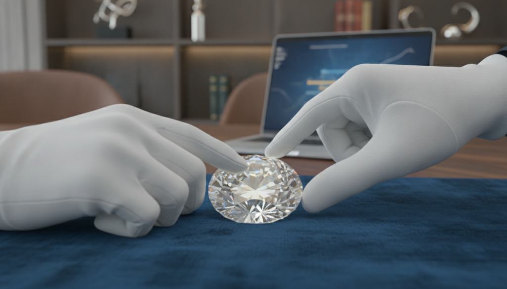 A close-up shot of a sparkling diamond resting on a luxurious blue velvet cloth, surrounded by soft, diffused golden light that highlights its facets and brilliance. In the background, a sophisticated and modern office setting, with a stylish wooden desk and a sleek laptop, creating an atmosphere of trust and professionalism. The scene includes a pair of elegant, gloved hands, showcasing careful handling of the diamond, emphasizing security in the purchasing process. The composition should evoke a sense of premium quality and assurance, using a shallow depth of field to keep the focus on the diamond. Overall, a photorealistic representation with a clean, upscale look featuring blue and gold tones, perfect for illustrating safe diamond purchasing advice.