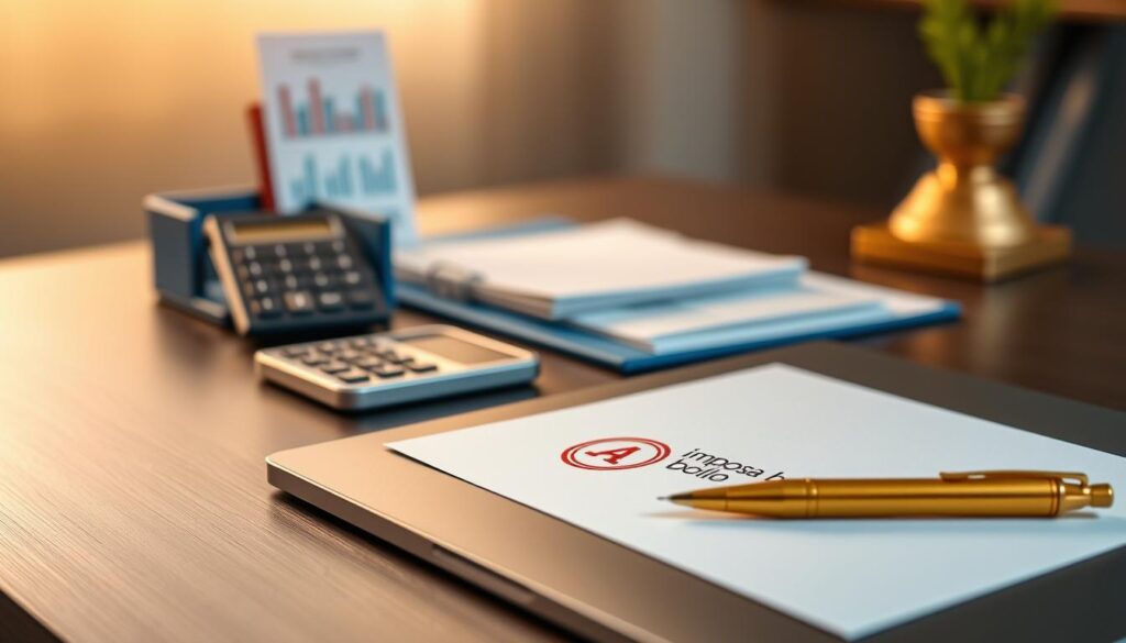 A close-up view of an elegant office desk, featuring a sleek, modern laptop open next to a stylish golden pen and a letter with an official stamp, symbolizing "imposta bollo." In the background, softly blurred financial documents and a calculator are positioned on a refined blue desk organizer. The lighting is warm and inviting, creating a polished atmosphere that emphasizes professionalism. Use a shallow depth of field to draw focus to the foreground detail, ensuring the scene embodies a sense of clarity and purpose. The overall color scheme should reflect shades of blue and gold, giving the image a clean, premium look. No text or charts are included. A close-up view of an elegant office desk, featuring a sleek, modern laptop open next to a stylish golden pen and a letter with an official stamp, symbolizing "imposta bollo." In the background, softly blurred financial documents and a calculator are positioned on a refined blue desk organizer. The lighting is warm and inviting, creating a polished atmosphere that emphasizes professionalism. Use a shallow depth of field to draw focus to the foreground detail, ensuring the scene embodies a sense of clarity and purpose. The overall color scheme should reflect shades of blue and gold, giving the image a clean, premium look. No text or charts are included.