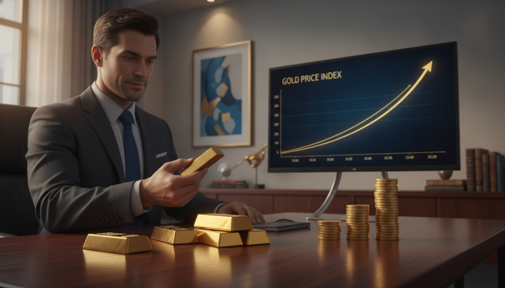 A contemporary office setting featuring a polished wooden desk adorned with gold bars and a gold coin stack, symbolizing investment strategies in physical gold. In the background, a sleek financial chart displayed on a high-tech monitor, showcasing rising gold prices. Soft, warm lighting creates an inviting atmosphere, highlighting the blue and gold color scheme throughout the room. The foreground includes a well-dressed professional in a tailored suit examining the gold pieces, embodying confidence and success. The background is minimalist, with elegant decor enhancing the premium look of the space. The overall mood is focused and aspirational, perfect for illustrating investment strategies in gold within a portfolio. A contemporary office setting featuring a polished wooden desk adorned with gold bars and a gold coin stack, symbolizing investment strategies in physical gold. In the background, a sleek financial chart displayed on a high-tech monitor, showcasing rising gold prices. Soft, warm lighting creates an inviting atmosphere, highlighting the blue and gold color scheme throughout the room. The foreground includes a well-dressed professional in a tailored suit examining the gold pieces, embodying confidence and success. The background is minimalist, with elegant decor enhancing the premium look of the space. The overall mood is focused and aspirational, perfect for illustrating investment strategies in gold within a portfolio.