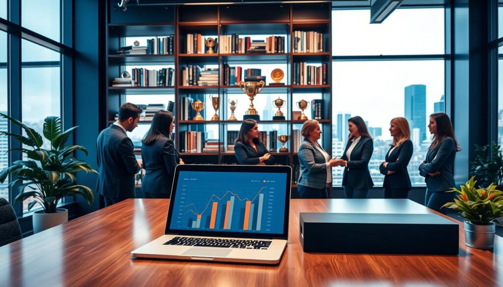 A contemporary office workspace showcasing a sleek, modern desk with a laptop displaying graphs and analytics. In the foreground, a diverse group of professionals in smart business attire are engaged in a discussion, illustrating teamwork and collaboration. In the middle ground, an elegant bookshelf filled with business literature and trophies symbolizing success. The background features large windows with a cityscape view, allowing natural light to stream in, creating a bright and inviting atmosphere. The overall color palette combines deep blue and gold tones, exuding a sense of professionalism and achievement. The image captures a mood of ambition and positivity, emphasizing success stories and case studies in the realm of blogging and monetization strategies. A contemporary office workspace showcasing a sleek, modern desk with a laptop displaying graphs and analytics. In the foreground, a diverse group of professionals in smart business attire are engaged in a discussion, illustrating teamwork and collaboration. In the middle ground, an elegant bookshelf filled with business literature and trophies symbolizing success. The background features large windows with a cityscape view, allowing natural light to stream in, creating a bright and inviting atmosphere. The overall color palette combines deep blue and gold tones, exuding a sense of professionalism and achievement. The image captures a mood of ambition and positivity, emphasizing success stories and case studies in the realm of blogging and monetization strategies.