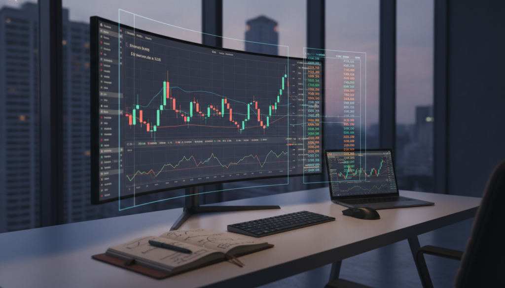 A detailed and visually striking scene depicting technical analysis in trading, showcasing various candlestick charts and line graphs on sleek digital screens. In the foreground, an elegantly designed desktop with financial graphs illuminated by soft blue and gold lighting, creating a professional atmosphere. Transparent screens display real-time data with clear and vivid numbers, while a high-end laptop rests beside an open notebook filled with notes and analytical sketches. The background features a modern office environment with large windows, allowing natural light to filter in, enhancing the clean and premium look. The overall mood is focused and analytical, evoking the dynamic world of intraday trading. A detailed and visually striking scene depicting technical analysis in trading, showcasing various candlestick charts and line graphs on sleek digital screens. In the foreground, an elegantly designed desktop with financial graphs illuminated by soft blue and gold lighting, creating a professional atmosphere. Transparent screens display real-time data with clear and vivid numbers, while a high-end laptop rests beside an open notebook filled with notes and analytical sketches. The background features a modern office environment with large windows, allowing natural light to filter in, enhancing the clean and premium look. The overall mood is focused and analytical, evoking the dynamic world of intraday trading.