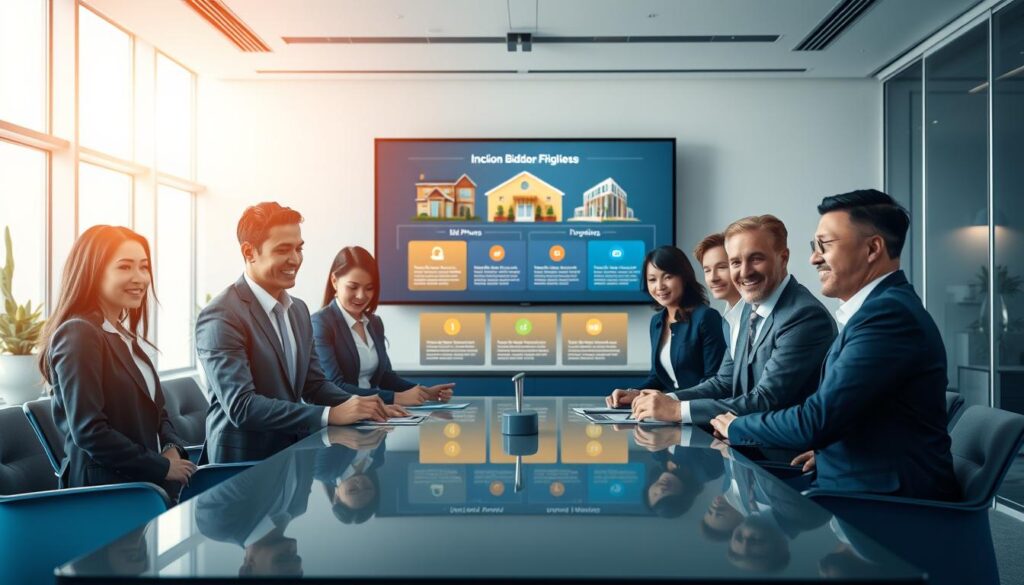 A dynamic and engaging office setting illustrating the auction bidding process. In the foreground, a diverse group of professional individuals in business attire is gathered around a sleek conference table, intently discussing a property listing. Their expressions reflect focus and determination. In the middle, a large digital screen displays a visually appealing infographic summarizing bid phases. The background features a modern office environment with minimalist decor, accentuated by blue and gold tones, symbolizing professionalism and success. Soft, natural lighting from large windows casts a warm glow, enhancing the premium ambiance. The perspective should be slightly elevated, capturing both the group and the informative screen, evoking an atmosphere of collaboration and strategy in real estate auctions. A dynamic and engaging office setting illustrating the auction bidding process. In the foreground, a diverse group of professional individuals in business attire is gathered around a sleek conference table, intently discussing a property listing. Their expressions reflect focus and determination. In the middle, a large digital screen displays a visually appealing infographic summarizing bid phases. The background features a modern office environment with minimalist decor, accentuated by blue and gold tones, symbolizing professionalism and success. Soft, natural lighting from large windows casts a warm glow, enhancing the premium ambiance. The perspective should be slightly elevated, capturing both the group and the informative screen, evoking an atmosphere of collaboration and strategy in real estate auctions.