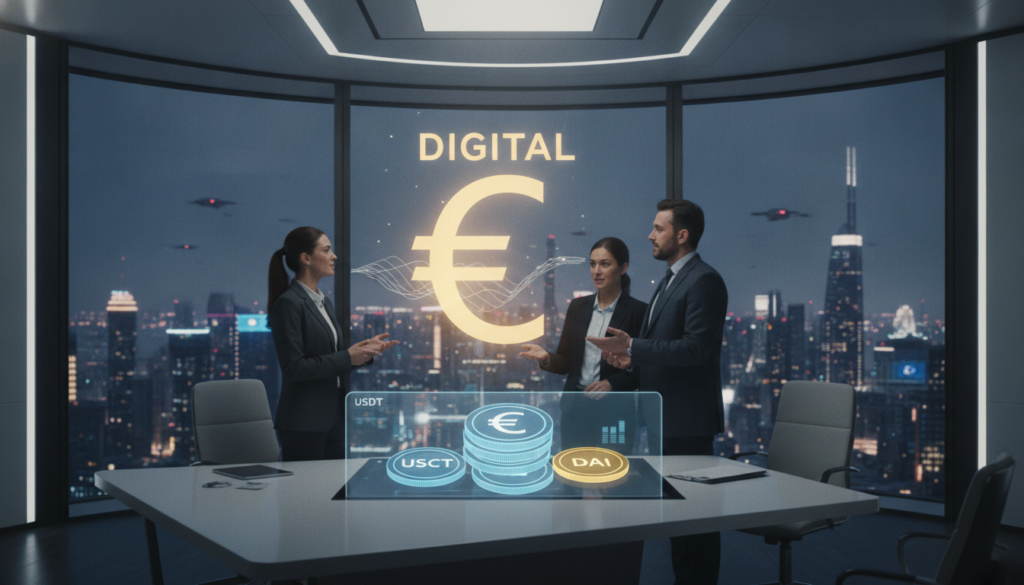 A futuristic, photorealistic financial office setting that symbolizes the coexistence of stablecoins and CBDCs. In the foreground, a sleek, modern desk displays a digital tablet showing various stablecoins (USDT, USDC, DAI) represented as glowing blue and gold coins. In the middle, a holographic projection of the Digital Euro emerges, illuminating the space with a soft, golden light. Business professionals in smart attire discuss the implications of these currencies, engaged and focused. The background features a panoramic window overlooking a vibrant city skyline, emphasizing a prosperous financial future. The overall atmosphere is clean, premium, and filled with optimism, with gentle lighting highlighting the interaction between traditional finance and digital currency innovations. A futuristic, photorealistic financial office setting that symbolizes the coexistence of stablecoins and CBDCs. In the foreground, a sleek, modern desk displays a digital tablet showing various stablecoins (USDT, USDC, DAI) represented as glowing blue and gold coins. In the middle, a holographic projection of the Digital Euro emerges, illuminating the space with a soft, golden light. Business professionals in smart attire discuss the implications of these currencies, engaged and focused. The background features a panoramic window overlooking a vibrant city skyline, emphasizing a prosperous financial future. The overall atmosphere is clean, premium, and filled with optimism, with gentle lighting highlighting the interaction between traditional finance and digital currency innovations.