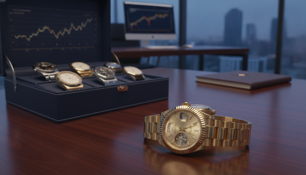 A luxurious collection of high-end watches displayed elegantly on a polished wooden table in a modern finance office setting. The foreground features a close-up shot of a prestigious Rolex, glimmering under soft, warm lighting, highlighting its intricate details such as the precision engineering of its movement and the shine of its gold accents. In the middle ground, a stylish leather-bound watch box is slightly open, showcasing additional luxury timepieces, with a backdrop of a sleek, minimalist office environment featuring a well-organized desk and financial charts in soft focus. The scene is complemented by a rich blue and gold color palette, conveying a clean, premium look, with an overall mood of sophistication and investment focus. Captured with a professional camera angle to emphasize depth and detail, ensuring a polished, photorealistic appearance. A luxurious collection of high-end watches displayed elegantly on a polished wooden table in a modern finance office setting. The foreground features a close-up shot of a prestigious Rolex, glimmering under soft, warm lighting, highlighting its intricate details such as the precision engineering of its movement and the shine of its gold accents. In the middle ground, a stylish leather-bound watch box is slightly open, showcasing additional luxury timepieces, with a backdrop of a sleek, minimalist office environment featuring a well-organized desk and financial charts in soft focus. The scene is complemented by a rich blue and gold color palette, conveying a clean, premium look, with an overall mood of sophistication and investment focus. Captured with a professional camera angle to emphasize depth and detail, ensuring a polished, photorealistic appearance.