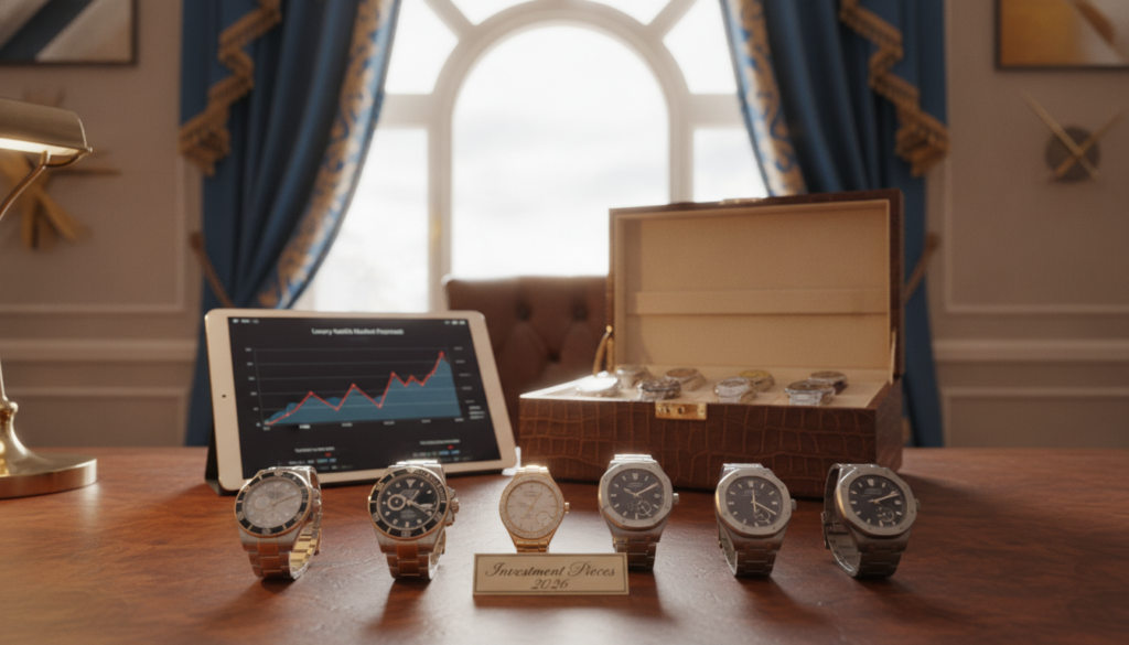 A luxurious workspace showcasing high-end luxury watches as investment pieces for the year 2026. In the foreground, prominently display a selection of exquisite watches—Rolex, Patek Philippe, and Audemars Piguet—glistening in soft, warm light on a polished mahogany desk. In the middle, include a beautifully arranged leather watch box partially open, revealing additional stunning timepieces. In the background, incorporate a blurred office setting with a large window, allowing natural light to flood in, and framed by elegant blue and gold decor that gives a feeling of prosperity. Use a shallow depth of field to focus on the watches while keeping the background subtly out of focus, creating an upscale, serene atmosphere that conveys the idea of investment and sophistication. A luxurious workspace showcasing high-end luxury watches as investment pieces for the year 2026. In the foreground, prominently display a selection of exquisite watches—Rolex, Patek Philippe, and Audemars Piguet—glistening in soft, warm light on a polished mahogany desk. In the middle, include a beautifully arranged leather watch box partially open, revealing additional stunning timepieces. In the background, incorporate a blurred office setting with a large window, allowing natural light to flood in, and framed by elegant blue and gold decor that gives a feeling of prosperity. Use a shallow depth of field to focus on the watches while keeping the background subtly out of focus, creating an upscale, serene atmosphere that conveys the idea of investment and sophistication.