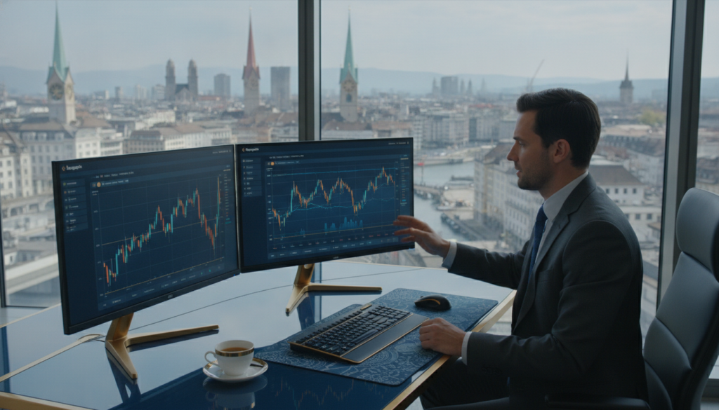 A modern Swiss office environment showcasing the Swissquote trading platform, featuring a sleek, sophisticated desk with dual monitors displaying vibrant, interactive trading charts. In the foreground, include a polished blue and gold color scheme to emphasize a premium aesthetic. The setting is illuminated by natural light streaming through large windows, creating a bright and inviting atmosphere. In the middle, a professional individual in business attire, focused on the screens, engages with the platform, representing the brand's banking expertise. In the background, an elegant cityscape of Zurich with its iconic architecture can be seen through the windows, adding to the Swiss identity. The overall mood is one of professionalism and innovation in online trading.