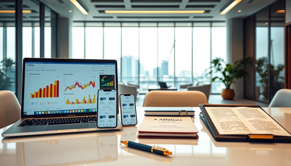 A modern and sleek office workspace showcasing advanced technical tools for affiliate marketing. In the foreground, a high-end laptop displays analytics software with colorful graphs. Beside it, a smartphone shows a popular affiliate app interface. The middle ground features an organized desk with a stylish notebook, a pen, and a tablet with educational resources. In the background, large windows flood the room with natural light, revealing a cityscape. The color palette blends elegant blues and golds, contributing to a clean and premium aesthetic. The overall mood conveys professionalism and innovation, inviting viewers into the realm of affiliate marketing success. A modern and sleek office workspace showcasing advanced technical tools for affiliate marketing. In the foreground, a high-end laptop displays analytics software with colorful graphs. Beside it, a smartphone shows a popular affiliate app interface. The middle ground features an organized desk with a stylish notebook, a pen, and a tablet with educational resources. In the background, large windows flood the room with natural light, revealing a cityscape. The color palette blends elegant blues and golds, contributing to a clean and premium aesthetic. The overall mood conveys professionalism and innovation, inviting viewers into the realm of affiliate marketing success.