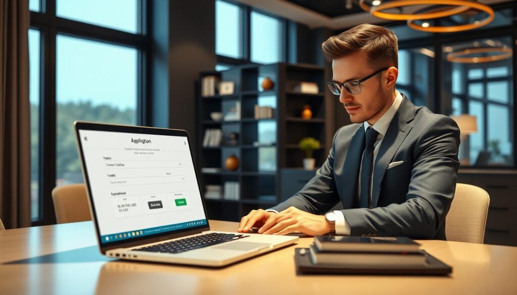 A modern and sophisticated office space featuring a sleek desk with a laptop open to a digital loan application interface. In the foreground, a professional businessperson in smart attire (a tailored navy suit and crisp white shirt) is intently focused on the screen, their expression conveying determination and optimism. The middle ground includes a stylish bookshelf filled with finance books and decorative items, while in the background, large windows allow natural light to flood the room, creating a warm and inviting atmosphere. The color scheme consists of deep blues and elegant gold accents, emphasizing a sense of reliability and trust. Soft shadows enhance the 3D depth of the scene, giving it a premium, photorealistic look. A modern and sophisticated office space featuring a sleek desk with a laptop open to a digital loan application interface. In the foreground, a professional businessperson in smart attire (a tailored navy suit and crisp white shirt) is intently focused on the screen, their expression conveying determination and optimism. The middle ground includes a stylish bookshelf filled with finance books and decorative items, while in the background, large windows allow natural light to flood the room, creating a warm and inviting atmosphere. The color scheme consists of deep blues and elegant gold accents, emphasizing a sense of reliability and trust. Soft shadows enhance the 3D depth of the scene, giving it a premium, photorealistic look.