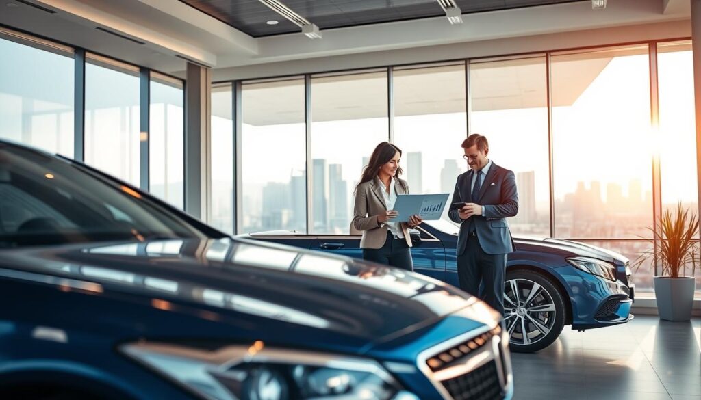 A modern corporate office setting featuring a long-term car rental service for businesses. In the foreground, a sleek, luxury sedan parked prominently, reflecting a polished blue and gold color scheme, symbolizing professionalism. In the middle ground, a diverse group of two business professionals, one male and one female, dressed in smart business attire, discussing a laptop with charts and graphs displayed, emphasizing financial strategy. The background showcases a city skyline through large glass windows, with plenty of natural light flooding the room, creating a clean and premium ambiance. The focus is sharp on the car and the professionals, conveying a sense of innovation and practicality in fleet management. A modern corporate office setting featuring a long-term car rental service for businesses. In the foreground, a sleek, luxury sedan parked prominently, reflecting a polished blue and gold color scheme, symbolizing professionalism. In the middle ground, a diverse group of two business professionals, one male and one female, dressed in smart business attire, discussing a laptop with charts and graphs displayed, emphasizing financial strategy. The background showcases a city skyline through large glass windows, with plenty of natural light flooding the room, creating a clean and premium ambiance. The focus is sharp on the car and the professionals, conveying a sense of innovation and practicality in fleet management.