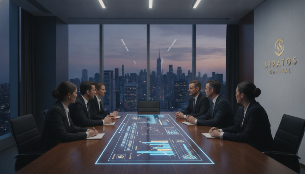A modern finance office setting featuring a sleek wooden conference table in the foreground, with financial charts and graphs displayed on a high-resolution screen in the background. An elegant blue and gold color scheme dominates the scene, enhancing the premium look. Professional individuals, dressed in tailored business attire, are engaged in a thoughtful discussion about ETF investments versus direct stock investments. The lighting is soft yet focused, casting gentle shadows that create a sophisticated atmosphere. A panoramic window reveals a city skyline in the background, symbolizing opportunity and growth. The overall mood is one of professionalism and strategic planning, evoking a sense of confidence in investment decisions. A modern finance office setting featuring a sleek wooden conference table in the foreground, with financial charts and graphs displayed on a high-resolution screen in the background. An elegant blue and gold color scheme dominates the scene, enhancing the premium look. Professional individuals, dressed in tailored business attire, are engaged in a thoughtful discussion about ETF investments versus direct stock investments. The lighting is soft yet focused, casting gentle shadows that create a sophisticated atmosphere. A panoramic window reveals a city skyline in the background, symbolizing opportunity and growth. The overall mood is one of professionalism and strategic planning, evoking a sense of confidence in investment decisions.