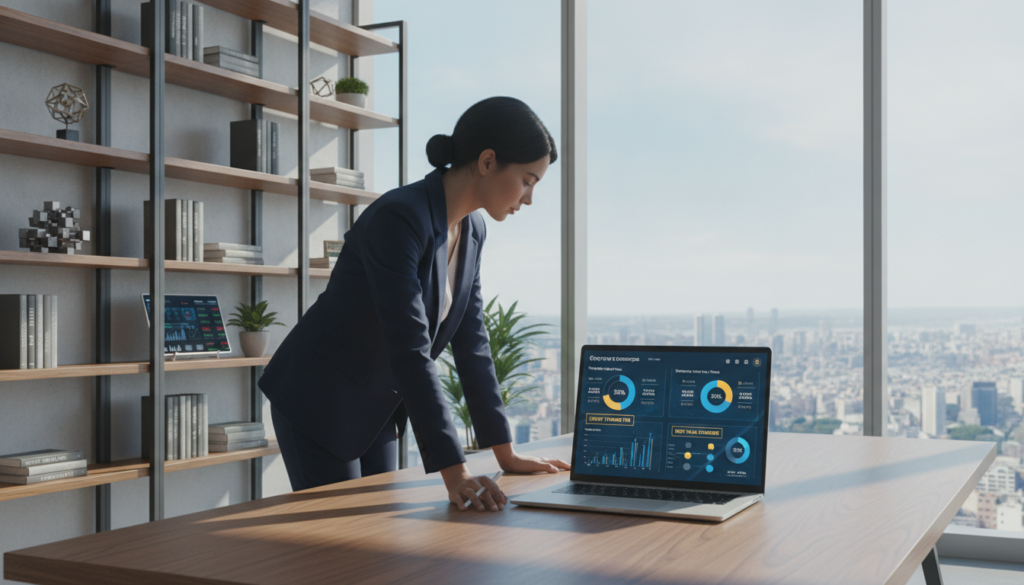 A modern financial office scene displaying a detailed comparison of cryptocurrency exchange fees. In the foreground, a sleek desk features a laptop showing graphical representations of different exchanges with varying fee structures, presented in blue and gold tones for a clean, premium look. A professional-looking businessperson in business attire is intently analyzing the screen, with key metrics visually highlighted. In the middle ground, an elegant bookshelf filled with financial literature and digital assets coexists. The background showcases large windows revealing a city skyline, with bright lighting illuminating the space, creating an atmosphere of focus and ambition. The overall mood conveys a sense of professionalism, clarity, and insight into the world of cryptocurrency exchanges. A modern financial office scene displaying a detailed comparison of cryptocurrency exchange fees. In the foreground, a sleek desk features a laptop showing graphical representations of different exchanges with varying fee structures, presented in blue and gold tones for a clean, premium look. A professional-looking businessperson in business attire is intently analyzing the screen, with key metrics visually highlighted. In the middle ground, an elegant bookshelf filled with financial literature and digital assets coexists. The background showcases large windows revealing a city skyline, with bright lighting illuminating the space, creating an atmosphere of focus and ambition. The overall mood conveys a sense of professionalism, clarity, and insight into the world of cryptocurrency exchanges.