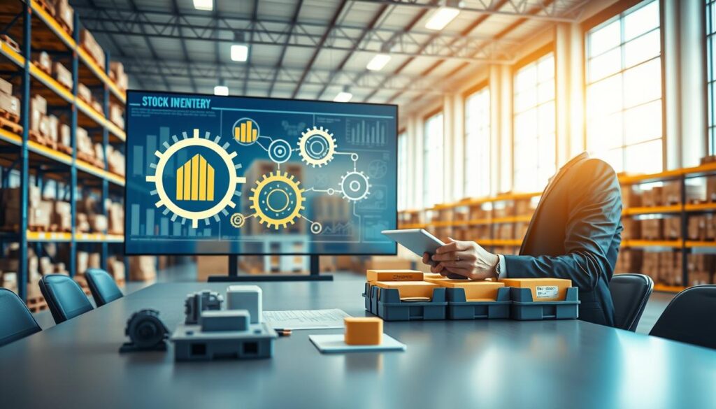 A modern logistics management office scene showcasing a professional in business attire analyzing stock levels on a digital tablet. The foreground features a sleek conference table with sophisticated warehouse inventory models and organized item bins. The middle layer includes a large digital display screen showing logistical data, gears representing supply chain dynamics, and blueprints of distribution processes. The background depicts a well-lit warehouse with neatly arranged shelves filled with products, emphasizing a blue and gold color palette for a clean, premium look. Natural light filters in through large windows, creating a productive and focused atmosphere. The overall mood conveys efficiency and strategic planning in e-commerce logistics management.
