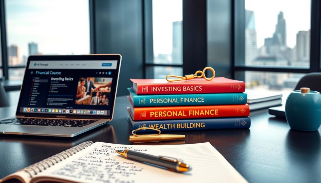 A modern office desk setting showcasing various financial education tools. In the foreground, a sleek laptop open to a visually appealing financial course interface, alongside a notebook filled with handwritten notes. In the middle, a stack of vibrant finance books titled "Investing Basics," "Personal Finance," and "Wealth Building," alongside a polished pen resting on a golden paperclip. The background features a large window with natural light flooding in, revealing a city skyline, emphasizing a professional atmosphere. The color palette consists of rich blues and golds, conveying a clean, premium look. The scene is devoid of any text, charts, or people, focusing solely on the educational tools that symbolize mastery of financial concepts. A modern office desk setting showcasing various financial education tools. In the foreground, a sleek laptop open to a visually appealing financial course interface, alongside a notebook filled with handwritten notes. In the middle, a stack of vibrant finance books titled "Investing Basics," "Personal Finance," and "Wealth Building," alongside a polished pen resting on a golden paperclip. The background features a large window with natural light flooding in, revealing a city skyline, emphasizing a professional atmosphere. The color palette consists of rich blues and golds, conveying a clean, premium look. The scene is devoid of any text, charts, or people, focusing solely on the educational tools that symbolize mastery of financial concepts.
