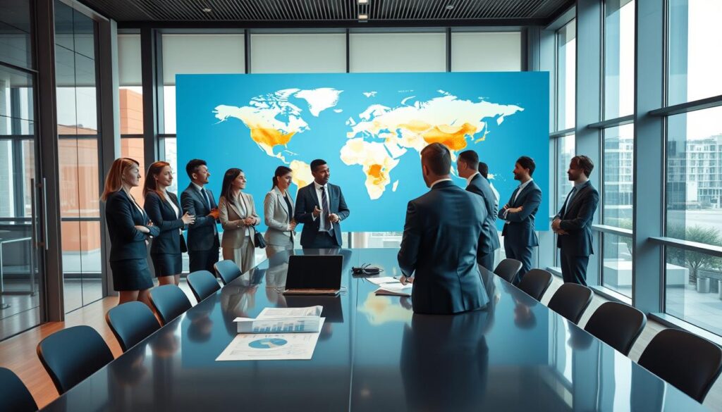 A modern office environment depicting a business meeting focused on internationalization strategies for Italian companies. In the foreground, a diverse group of professionals in smart business attire, engaged in discussion, reviewing a large digital map showing potential global markets. In the middle, a sleek conference table with laptops and charts emphasizing export strategies. The background features large windows, allowing natural light to flood the space, creating a warm and inviting atmosphere. The color scheme emphasizes blue and gold tones, giving a premium feel. Capture the collaboration and determination of the team, with a photorealistic style that conveys professionalism and optimism about global expansion. A modern office environment depicting a business meeting focused on internationalization strategies for Italian companies. In the foreground, a diverse group of professionals in smart business attire, engaged in discussion, reviewing a large digital map showing potential global markets. In the middle, a sleek conference table with laptops and charts emphasizing export strategies. The background features large windows, allowing natural light to flood the space, creating a warm and inviting atmosphere. The color scheme emphasizes blue and gold tones, giving a premium feel. Capture the collaboration and determination of the team, with a photorealistic style that conveys professionalism and optimism about global expansion.