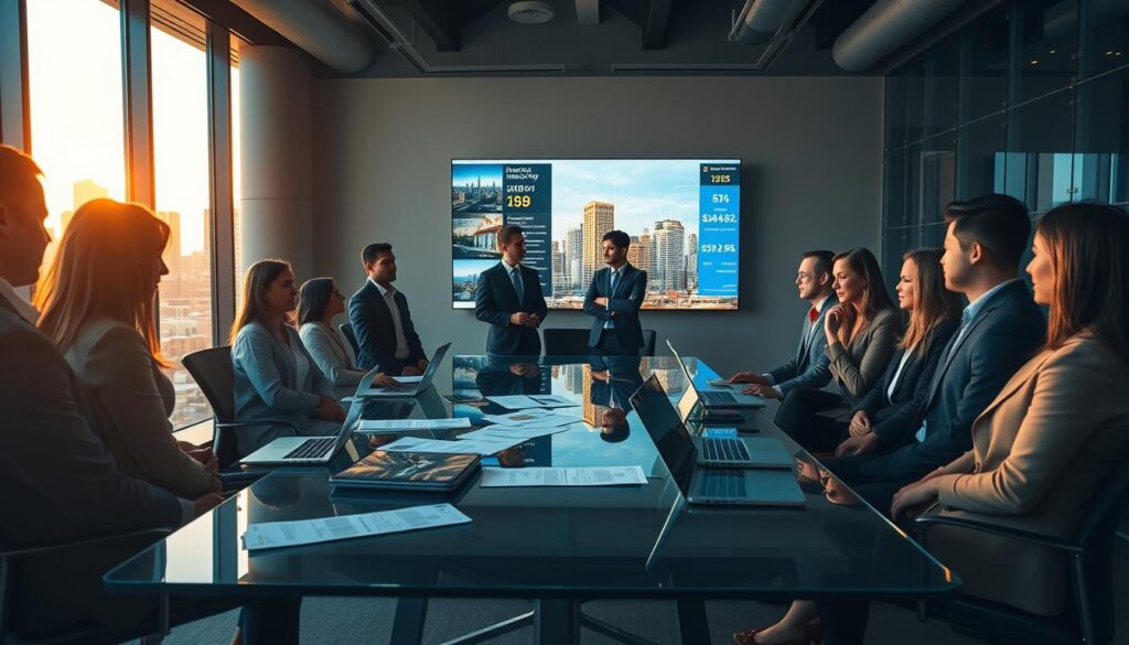 A modern office environment depicting the concept of real estate crowdfunding. In the foreground, a diverse group of professionals in smart business attire, engaged in discussion around a sleek glass table with laptops and property images scattered across it. The middle ground features a large screen displaying appealing real estate photos and financial data, symbolizing investment opportunities. In the background, large windows reveal a city skyline during golden hour, casting warm light throughout the space. The mood is energetic yet focused, emphasizing collaboration and financial prospects. The color palette incorporates rich blues and luxurious golds, creating a clean, premium look without any textual elements. A modern office environment depicting the concept of real estate crowdfunding. In the foreground, a diverse group of professionals in smart business attire, engaged in discussion around a sleek glass table with laptops and property images scattered across it. The middle ground features a large screen displaying appealing real estate photos and financial data, symbolizing investment opportunities. In the background, large windows reveal a city skyline during golden hour, casting warm light throughout the space. The mood is energetic yet focused, emphasizing collaboration and financial prospects. The color palette incorporates rich blues and luxurious golds, creating a clean, premium look without any textual elements.
