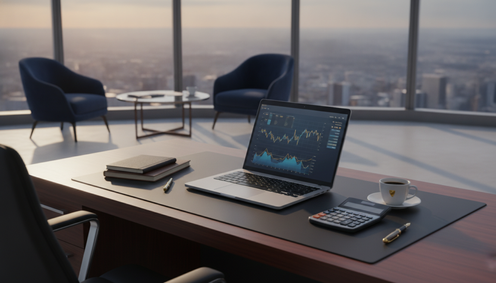 A modern office environment featuring a polished wooden desk and a sleek laptop displaying financial analytics. In the foreground, a set of diverse professional tools such as a financial calculator, a notepad, and a high-end pen are arranged aesthetically. The middle ground includes a cozy seating area with elegant armchairs and a small coffee table holding a cup of coffee, symbolizing a brainstorming space for financial experts. The background showcases a large window with a cityscape view, illuminated by soft, natural daylight that casts gentle shadows, creating a serene atmosphere. The color palette emphasizes blue and gold tones, conveying professionalism and sophistication. Overall, the composition harmonizes to reflect strategic decision-making and careful selection of financial instruments. A modern office environment featuring a polished wooden desk and a sleek laptop displaying financial analytics. In the foreground, a set of diverse professional tools such as a financial calculator, a notepad, and a high-end pen are arranged aesthetically. The middle ground includes a cozy seating area with elegant armchairs and a small coffee table holding a cup of coffee, symbolizing a brainstorming space for financial experts. The background showcases a large window with a cityscape view, illuminated by soft, natural daylight that casts gentle shadows, creating a serene atmosphere. The color palette emphasizes blue and gold tones, conveying professionalism and sophistication. Overall, the composition harmonizes to reflect strategic decision-making and careful selection of financial instruments.