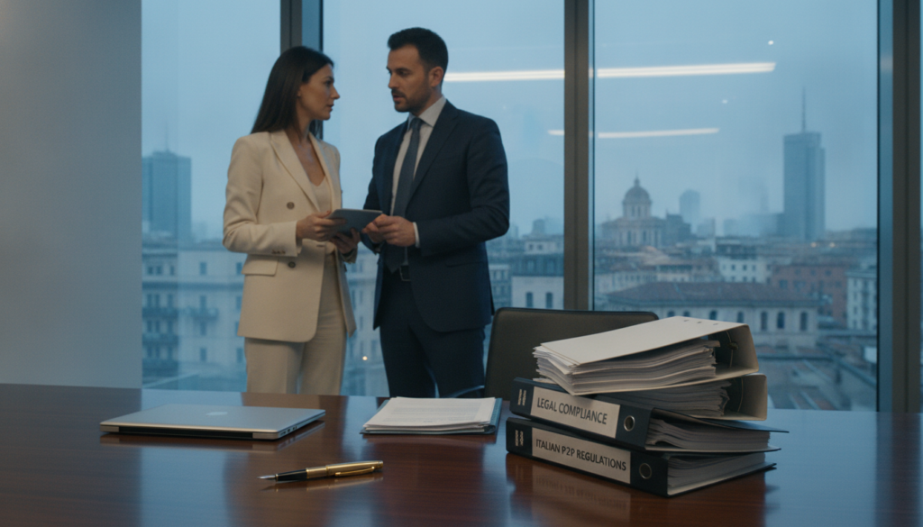 A modern office environment reflecting the regulatory landscape of P2P lending in Italy. In the foreground, a sleek wooden desk features a closed laptop, a stack of legal documents, and a stylish gold pen. In the middle ground, a professional male and female business duo are engaged in a discussion, both dressed in business attire. The background showcases a large window with a cityscape, capturing the essence of modern Italian architecture. Soft blue and gold lighting create a calm, professional atmosphere, while subtle reflections on the desk add depth. The overall mood is focused and sophisticated, emphasizing the importance of regulatory compliance in finance.