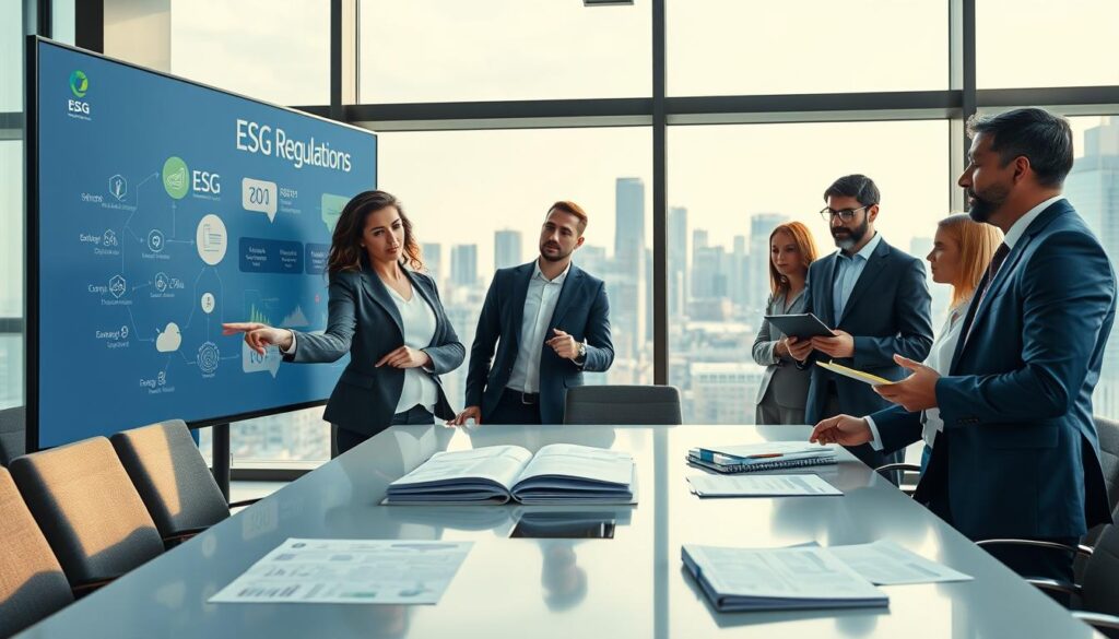 A modern office environment showcasing a group of diverse business professionals engaged in a discussion about ESG regulations. In the foreground, a confident woman in a tailored blazer points to a large digital screen displaying abstract representations of ESG concepts, while a man in a smart suit takes notes. The middle layer features a sleek conference table with financial reports and eco-friendly materials laid out. In the background, large windows reveal a city skyline, bathed in natural light, enhancing the atmosphere of professionalism and urgency. The color palette focuses on blue and gold tones, creating a clean and premium look. The overall mood conveys collaboration and innovation in the context of ESG compliance. A modern office environment showcasing a group of diverse business professionals engaged in a discussion about ESG regulations. In the foreground, a confident woman in a tailored blazer points to a large digital screen displaying abstract representations of ESG concepts, while a man in a smart suit takes notes. The middle layer features a sleek conference table with financial reports and eco-friendly materials laid out. In the background, large windows reveal a city skyline, bathed in natural light, enhancing the atmosphere of professionalism and urgency. The color palette focuses on blue and gold tones, creating a clean and premium look. The overall mood conveys collaboration and innovation in the context of ESG compliance.