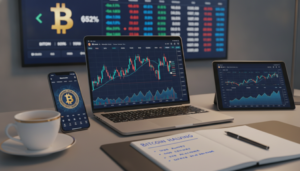 A modern office environment showcasing cryptocurrency trading tools and resources, prominently featuring a clean desk setup with a sleek laptop displaying trading charts, a smartphone with cryptocurrency apps, and a tablet showing real-time market analysis. The color palette emphasizes blue and gold tones for a premium feel. In the background, a large digital screen displays live cryptocurrency market data, enhancing the tech-savvy atmosphere. Soft, warm lighting creates a professional yet inviting mood, focusing on clarity and sophistication. The foreground includes a stylish coffee cup and a notepad with notes on Bitcoin halving, all arranged neatly. Capture the essence of a focused trader's workspace, reflecting innovation and professionalism. A modern office environment showcasing cryptocurrency trading tools and resources, prominently featuring a clean desk setup with a sleek laptop displaying trading charts, a smartphone with cryptocurrency apps, and a tablet showing real-time market analysis. The color palette emphasizes blue and gold tones for a premium feel. In the background, a large digital screen displays live cryptocurrency market data, enhancing the tech-savvy atmosphere. Soft, warm lighting creates a professional yet inviting mood, focusing on clarity and sophistication. The foreground includes a stylish coffee cup and a notepad with notes on Bitcoin halving, all arranged neatly. Capture the essence of a focused trader's workspace, reflecting innovation and professionalism.