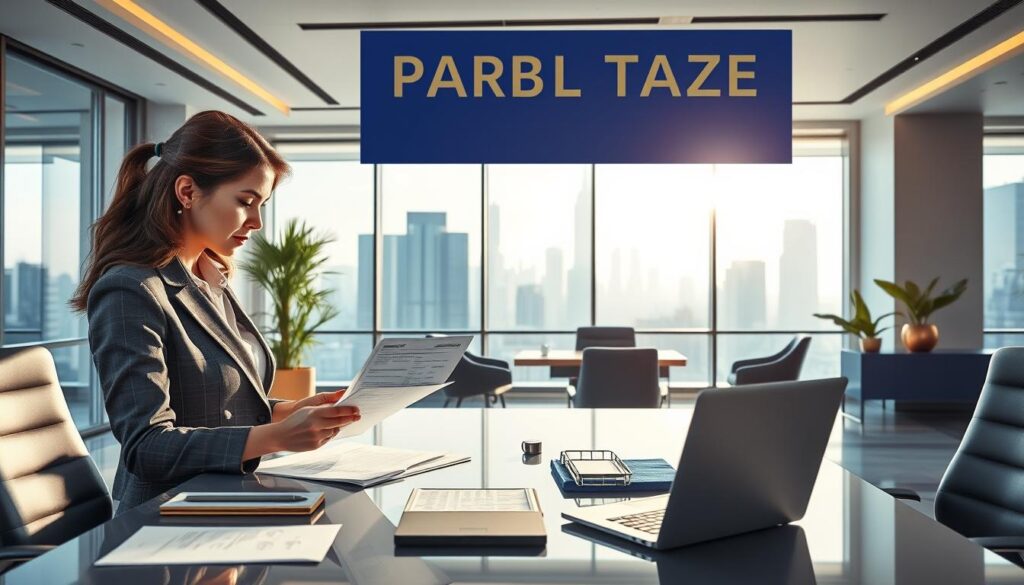 A modern office scene illustrating rental taxes and lease agreements in a visually striking, photorealistic style. In the foreground, a sophisticated businesswoman in professional attire reviews rental agreements and tax documents, surrounded by a sleek desk with a laptop and elegant stationery. In the middle ground, a large window showcases a city skyline, with soft sunlight filtering in, casting gentle shadows. The background features a sophisticated office setting with blue and gold accents, symbolizing finance. The mood is professional and focused, conveying a sense of importance and clarity in understanding rental taxation. The image should have a clean, premium look, emphasizing the themes of investment and finance without any text or charts. A modern office scene illustrating rental taxes and lease agreements in a visually striking, photorealistic style. In the foreground, a sophisticated businesswoman in professional attire reviews rental agreements and tax documents, surrounded by a sleek desk with a laptop and elegant stationery. In the middle ground, a large window showcases a city skyline, with soft sunlight filtering in, casting gentle shadows. The background features a sophisticated office setting with blue and gold accents, symbolizing finance. The mood is professional and focused, conveying a sense of importance and clarity in understanding rental taxation. The image should have a clean, premium look, emphasizing the themes of investment and finance without any text or charts.