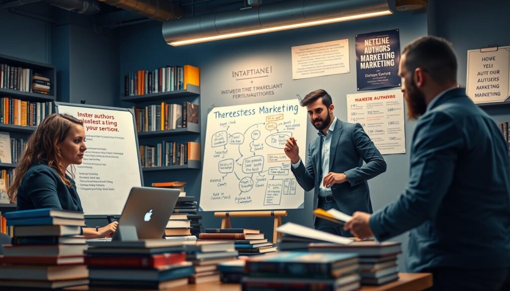 A modern office setting featuring a diverse group of independent authors collaborating on marketing strategies. In the foreground, a focused woman in professional attire is using a laptop, surrounded by stacks of books and marketing materials. In the middle ground, a man in smart casual clothing is presenting ideas on a whiteboard filled with diagrams and concepts. The background reveals shelves lined with books and motivational posters about self-publishing and marketing. The lighting is bright and inviting, with a warm glow illuminating the workspace. The color palette consists of rich blue and gold tones, giving a clean and premium look, evoking a mood of creativity and ambition, perfect for independent authors striving to promote their work effectively. A modern office setting featuring a diverse group of independent authors collaborating on marketing strategies. In the foreground, a focused woman in professional attire is using a laptop, surrounded by stacks of books and marketing materials. In the middle ground, a man in smart casual clothing is presenting ideas on a whiteboard filled with diagrams and concepts. The background reveals shelves lined with books and motivational posters about self-publishing and marketing. The lighting is bright and inviting, with a warm glow illuminating the workspace. The color palette consists of rich blue and gold tones, giving a clean and premium look, evoking a mood of creativity and ambition, perfect for independent authors striving to promote their work effectively.
