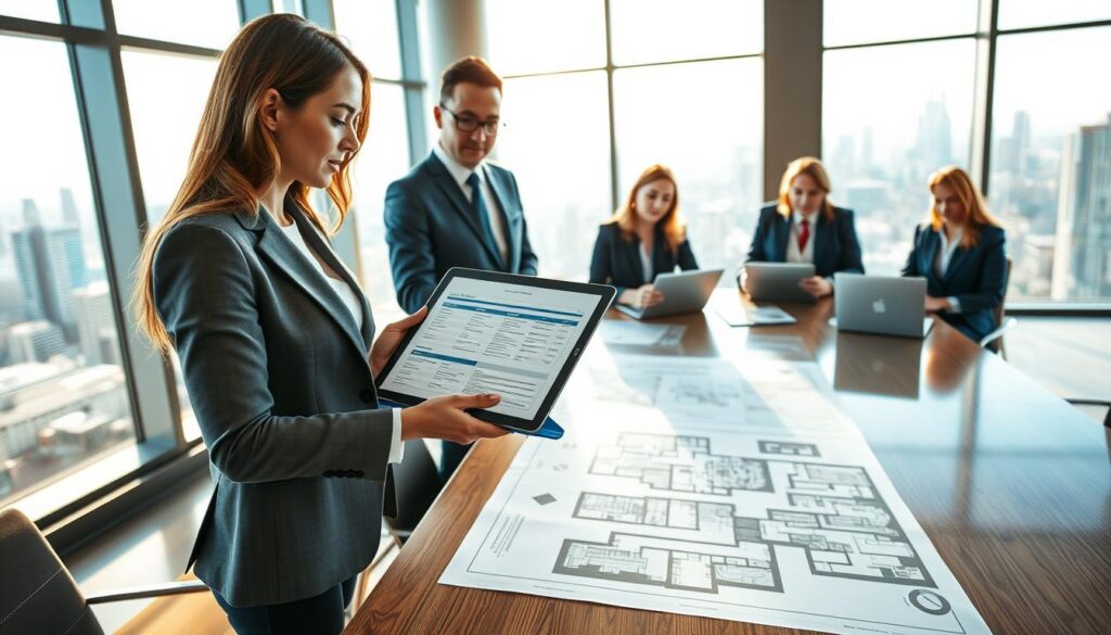 A modern office setting featuring a diverse group of professionals reviewing maintenance plans for real estate properties. In the foreground, a well-dressed female executive points to a detailed maintenance schedule on a sleek tablet. Beside her, a male colleague in a suit takes notes, while a woman in business attire operates a laptop nearby. The middle ground shows a large conference table with documents and a blueprint of a property layout, highlighting its features. The background includes floor-to-ceiling windows with a view of a city skyline, bathed in warm afternoon sunlight that casts soft shadows. The color palette consists of blue and gold tones, creating a clean, premium atmosphere that reflects professionalism and attention to detail.