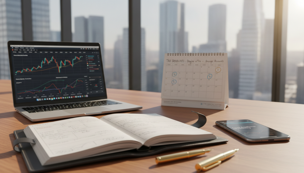A modern office setting featuring a sleek wooden desk and a laptop displaying trading charts and graphs. In the foreground, a stylish financial planner is open, surrounded by gold pens and a smartphone, reflecting attentiveness to fiscal deadlines. In the middle ground, a calendar with highlighted dates signifies important tax deadlines for declaring foreign trading accounts, such as Degiro and eToro, with soft blue and gold accents. The background features a large window with a cityscape view, allowing natural light to flood the room, creating a professional and empowering atmosphere. The whole scene is captured with a shallow depth of field, emphasizing the details while keeping the overall look clean, premium, and polished. A modern office setting featuring a sleek wooden desk and a laptop displaying trading charts and graphs. In the foreground, a stylish financial planner is open, surrounded by gold pens and a smartphone, reflecting attentiveness to fiscal deadlines. In the middle ground, a calendar with highlighted dates signifies important tax deadlines for declaring foreign trading accounts, such as Degiro and eToro, with soft blue and gold accents. The background features a large window with a cityscape view, allowing natural light to flood the room, creating a professional and empowering atmosphere. The whole scene is captured with a shallow depth of field, emphasizing the details while keeping the overall look clean, premium, and polished.