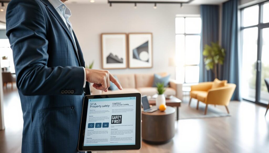 A modern office setting showcasing a sleek rental property. In the foreground, a well-dressed professional consultant points at a digital tablet displaying compliance documents related to property safety and SCIA regulations. In the middle, a stylishly furnished living room features a cozy sofa, tasteful artwork, and a small table with a "Safety First" brochure prominently displayed. The background contains a large window with natural light streaming in, highlighting the blue and gold color scheme of the room. The atmosphere is clean, organized, and inviting, symbolizing professionalism and attention to detail in real estate compliance. Capture this scene with a shallow depth of field to focus on the consultant's actions, using warm, soft lighting to create a welcoming ambiance. A modern office setting showcasing a sleek rental property. In the foreground, a well-dressed professional consultant points at a digital tablet displaying compliance documents related to property safety and SCIA regulations. In the middle, a stylishly furnished living room features a cozy sofa, tasteful artwork, and a small table with a "Safety First" brochure prominently displayed. The background contains a large window with natural light streaming in, highlighting the blue and gold color scheme of the room. The atmosphere is clean, organized, and inviting, symbolizing professionalism and attention to detail in real estate compliance. Capture this scene with a shallow depth of field to focus on the consultant's actions, using warm, soft lighting to create a welcoming ambiance.