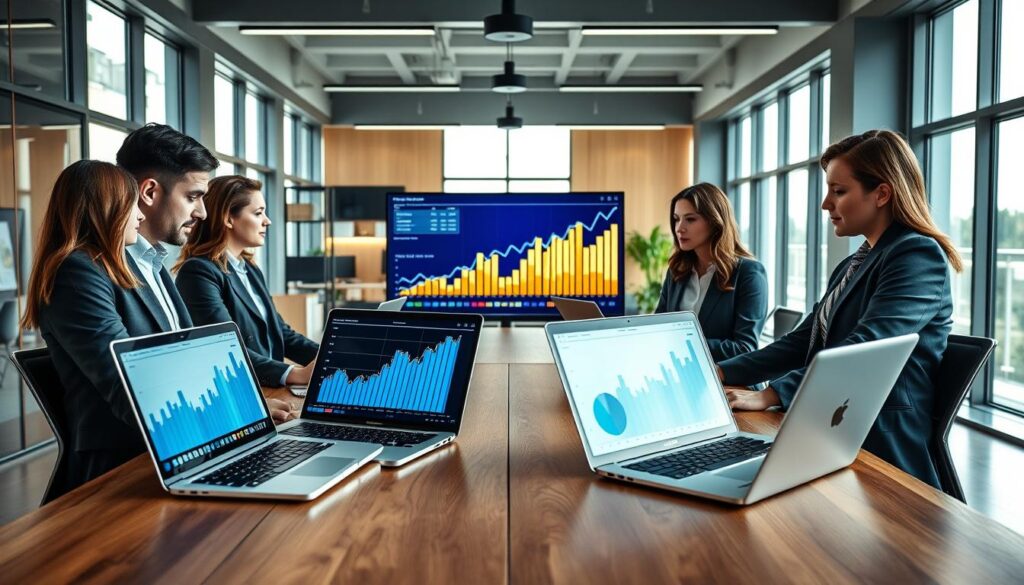 A modern office setting, showcasing a team of professionals dressed in smart business attire, engaged in deep analysis of affiliate marketing data. In the foreground, a sleek wooden desk with open laptops displaying graphs and analytics, highlighting growth metrics. The middle ground features a large digital screen showcasing vibrant blue and gold charts without any text, symbolizing data trends. The background includes a stylish office with large windows pouring in natural light, creating a bright and inspiring atmosphere. The overall mood is focused and collaborative, capturing the essence of data analysis in affiliate marketing, with a clean, premium aesthetic that conveys professionalism and success. A modern office setting, showcasing a team of professionals dressed in smart business attire, engaged in deep analysis of affiliate marketing data. In the foreground, a sleek wooden desk with open laptops displaying graphs and analytics, highlighting growth metrics. The middle ground features a large digital screen showcasing vibrant blue and gold charts without any text, symbolizing data trends. The background includes a stylish office with large windows pouring in natural light, creating a bright and inspiring atmosphere. The overall mood is focused and collaborative, capturing the essence of data analysis in affiliate marketing, with a clean, premium aesthetic that conveys professionalism and success.