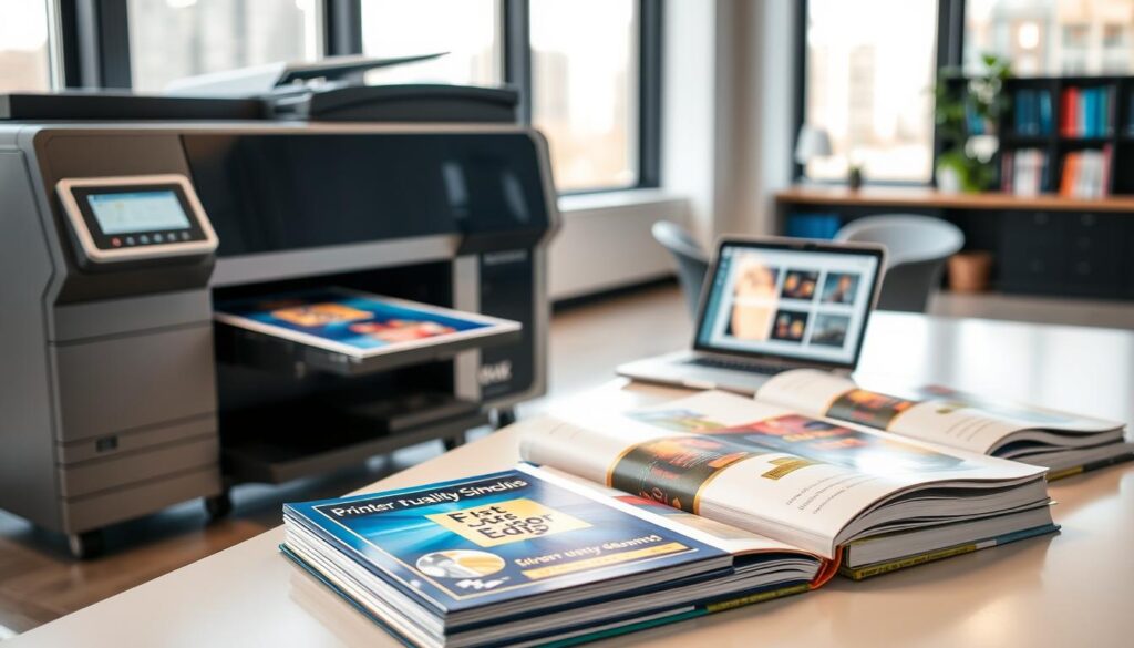 A modern office setting showcasing digital printing and print-on-demand technology. In the foreground, a sleek, high-tech printer produces vibrant, high-quality book covers, with a stack of freshly printed pages nearby. The middle ground features an elegantly designed desk with a laptop displaying design software, surrounded by sample books in various sizes and colors, reflecting the blue and gold color scheme. In the background, large windows let in natural light, casting a warm glow on the scene. The overall atmosphere is professional and efficient, emphasizing the quality and speed of digital printing. The image captures a blend of innovation and creativity, highlighting the possibilities of self-publishing in a clean and premium aesthetic. A modern office setting showcasing digital printing and print-on-demand technology. In the foreground, a sleek, high-tech printer produces vibrant, high-quality book covers, with a stack of freshly printed pages nearby. The middle ground features an elegantly designed desk with a laptop displaying design software, surrounded by sample books in various sizes and colors, reflecting the blue and gold color scheme. In the background, large windows let in natural light, casting a warm glow on the scene. The overall atmosphere is professional and efficient, emphasizing the quality and speed of digital printing. The image captures a blend of innovation and creativity, highlighting the possibilities of self-publishing in a clean and premium aesthetic.