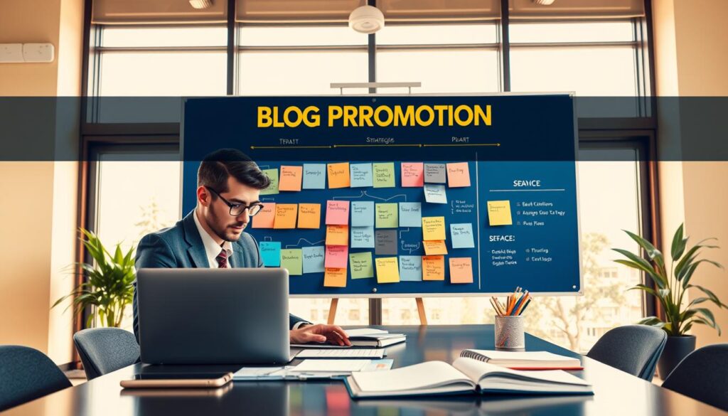 A modern office setup showcasing the concept of blog promotion and social media strategies. In the foreground, a professional in business attire is attentively working on a sleek laptop, surrounded by digital marketing tools like a smartphone and a planner. The middle ground features a large, stylish bulletin board with colorful post-it notes highlighting various social media platforms and strategies. In the background, large windows allow natural light to spill in, creating an inviting atmosphere. The color palette incorporates rich blue and gold tones, giving a clean and premium look. The overall mood is focused and dynamic, reflecting a vibrant work environment dedicated to monetization strategies and SEO success. A modern office setup showcasing the concept of blog promotion and social media strategies. In the foreground, a professional in business attire is attentively working on a sleek laptop, surrounded by digital marketing tools like a smartphone and a planner. The middle ground features a large, stylish bulletin board with colorful post-it notes highlighting various social media platforms and strategies. In the background, large windows allow natural light to spill in, creating an inviting atmosphere. The color palette incorporates rich blue and gold tones, giving a clean and premium look. The overall mood is focused and dynamic, reflecting a vibrant work environment dedicated to monetization strategies and SEO success.