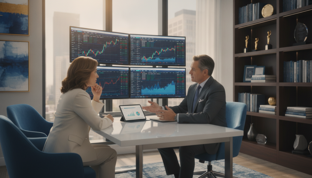 A modern office space showcasing a professional financial advisor at a sleek desk, surrounded by multiple screens displaying stock market data. The advisor, a middle-aged person in a tailored suit, is engaged in a discussion on investment strategies with a client, who appears intrigued and attentive. The background features large windows filtering in natural light, illuminating the room in a warm glow, with subtle blue and gold accents in the decor. A well-organized bookshelf can be seen, adding to the premium, clean look of the environment. The atmosphere conveys a sense of trust, professionalism, and competence in the realm of online investing. A modern office space showcasing a professional financial advisor at a sleek desk, surrounded by multiple screens displaying stock market data. The advisor, a middle-aged person in a tailored suit, is engaged in a discussion on investment strategies with a client, who appears intrigued and attentive. The background features large windows filtering in natural light, illuminating the room in a warm glow, with subtle blue and gold accents in the decor. A well-organized bookshelf can be seen, adding to the premium, clean look of the environment. The atmosphere conveys a sense of trust, professionalism, and competence in the realm of online investing.