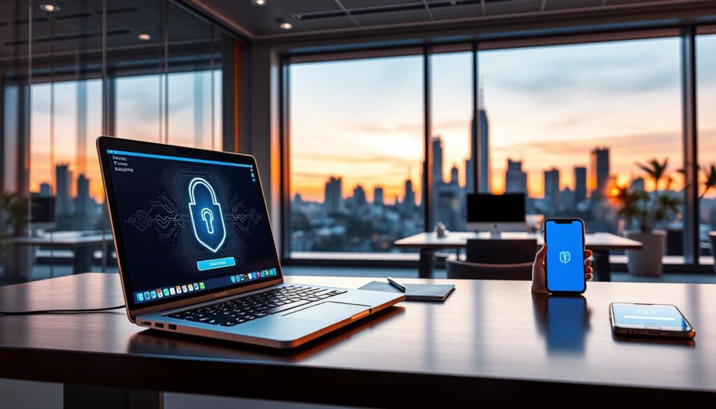 A modern office space showcasing the theme of internet banking security. In the foreground, a sleek, high-tech laptop displays a secure banking interface with biometric login features glowing softly. The middle ground includes a stylish desk with financial documents and a smartphone displaying a secure banking app, all bathed in warm blue and gold lighting that conveys trust and reliability. The background features a large window revealing a city skyline at dusk, symbolizing progress and modernity. The atmosphere is professional and inviting, appealing to customers seeking secure online banking services. Use a photorealistic style with clean lines and a premium look, focusing on a harmonious blend of technology and finance. A modern office space showcasing the theme of internet banking security. In the foreground, a sleek, high-tech laptop displays a secure banking interface with biometric login features glowing softly. The middle ground includes a stylish desk with financial documents and a smartphone displaying a secure banking app, all bathed in warm blue and gold lighting that conveys trust and reliability. The background features a large window revealing a city skyline at dusk, symbolizing progress and modernity. The atmosphere is professional and inviting, appealing to customers seeking secure online banking services. Use a photorealistic style with clean lines and a premium look, focusing on a harmonious blend of technology and finance.