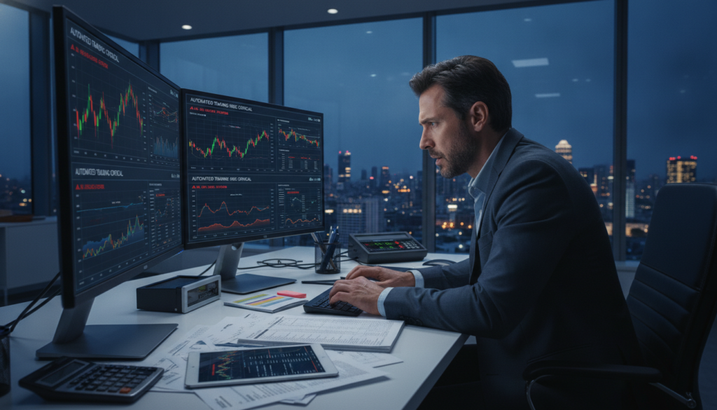 A modern office space with a sleek, high-end computer setup showing a trading interface, emphasizing the potential risks of automated trading. In the foreground, a concerned businessman in professional attire, with a furrowed brow, analyzes data on the screen, symbolizing anxiety about market fluctuations. The middle ground features a desk cluttered with financial reports and analytical tools, illustrating the chaos of automated trading risks. In the background, large windows showcase a city skyline at dusk, with warm golden lights reflecting the blue evening sky. The overall mood is tense yet sophisticated, with a photorealistic style highlighting blue and gold accents, ensuring a clean and premium look. Soft, diffused lighting enhances the atmosphere without harsh shadows.