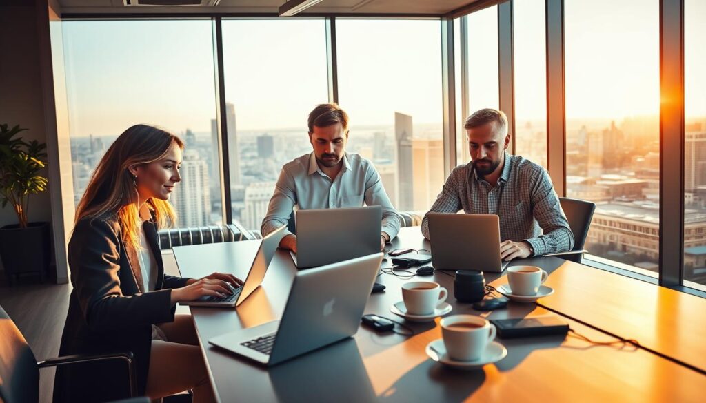 A modern office workspace featuring a diverse group of professional freelancers collaborating on their laptops. In the foreground, a young woman in a smart blazer discusses ideas with a middle-aged man in a crisp shirt, both focused on their screens. The middle section showcases a sleek table with innovative tech gadgets and a few cups of coffee, emphasizing a vibrant brainstorming atmosphere. The background reveals a large window with a panoramic city view, bathed in warm golden sunlight, highlighting the contemporary design of the space. The overall color palette consists of rich blues and golds, creating a premium and motivational ambiance. The lighting is bright and inviting, enhancing the professional yet creative vibe of the scene. A modern office workspace featuring a diverse group of professional freelancers collaborating on their laptops. In the foreground, a young woman in a smart blazer discusses ideas with a middle-aged man in a crisp shirt, both focused on their screens. The middle section showcases a sleek table with innovative tech gadgets and a few cups of coffee, emphasizing a vibrant brainstorming atmosphere. The background reveals a large window with a panoramic city view, bathed in warm golden sunlight, highlighting the contemporary design of the space. The overall color palette consists of rich blues and golds, creating a premium and motivational ambiance. The lighting is bright and inviting, enhancing the professional yet creative vibe of the scene.