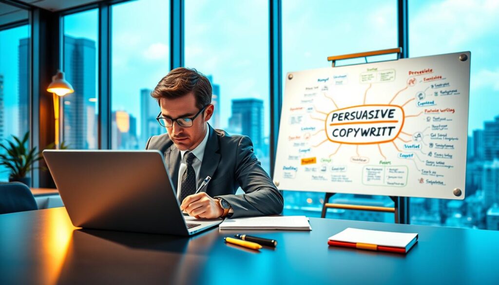 A modern office workspace featuring a sleek desk with a high-end laptop, notepad, and stylish pens, symbolizing persuasive copywriting. In the foreground, a focused individual in professional business attire is deeply engaged in writing, exuding concentration and creativity. The middle ground showcases a whiteboard filled with colorful mind maps and key concepts of persuasive writing techniques, illuminated by warm, golden lighting. In the background, large windows reveal a bustling cityscape, enhancing the atmosphere of productivity. The color palette consists of calming blue tones accented with gold elements to evoke a sense of sophistication. The overall mood is dynamic yet professional, highlighting a blend of creativity and strategic thinking in the art of copywriting. A modern office workspace featuring a sleek desk with a high-end laptop, notepad, and stylish pens, symbolizing persuasive copywriting. In the foreground, a focused individual in professional business attire is deeply engaged in writing, exuding concentration and creativity. The middle ground showcases a whiteboard filled with colorful mind maps and key concepts of persuasive writing techniques, illuminated by warm, golden lighting. In the background, large windows reveal a bustling cityscape, enhancing the atmosphere of productivity. The color palette consists of calming blue tones accented with gold elements to evoke a sense of sophistication. The overall mood is dynamic yet professional, highlighting a blend of creativity and strategic thinking in the art of copywriting.