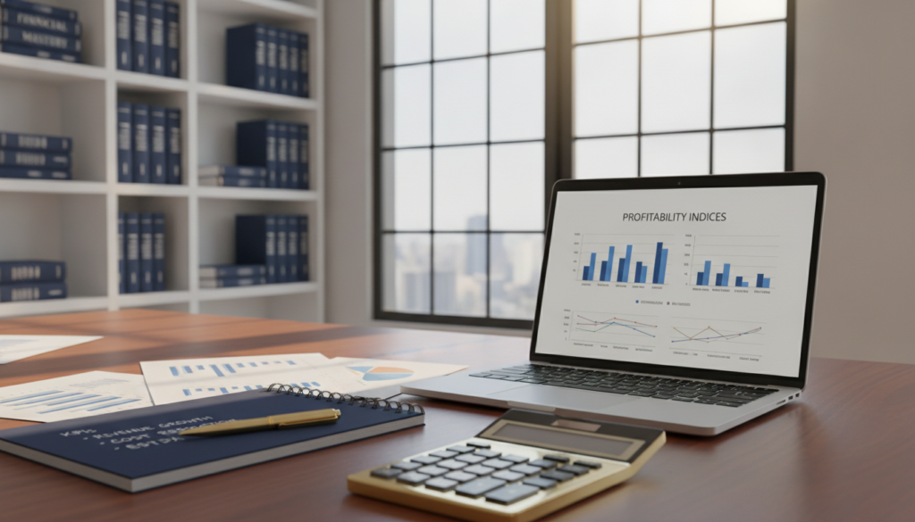 A modern office workspace featuring a sleek desk with financial documents and a laptop open, displaying graphs and data focused on profitability indicators. In the foreground, a stylish gold calculator and a blue notepad with notes on key metrics are visible. In the middle, a large window allows natural light to stream in, illuminating the scene and creating a warm yet professional atmosphere. The background features a minimalistic bookshelf filled with finance-related books in blue and gold tones, enhancing the office's clean and premium aesthetic. The mood reflects focused professionalism, ideal for a financial analysis setting, inviting viewers to engage with the topic of profitability indicators without any distractions.