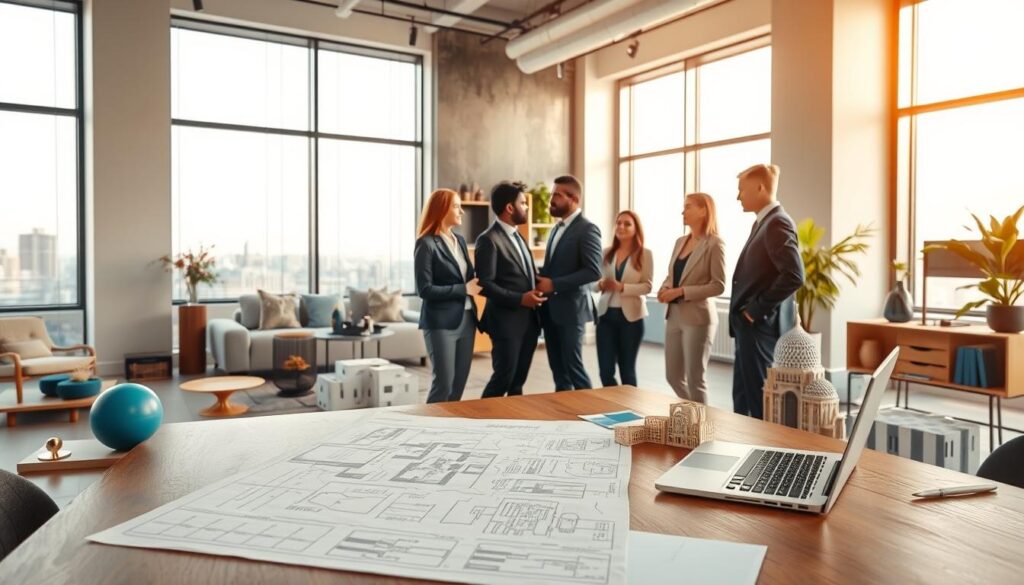A modern, photorealistic interior space showcasing a sleek office environment for real estate renovation. In the foreground, a stylish wooden desk with blueprints and a laptop open, depicting a detailed renovation plan. In the middle ground, a diverse team of professionals in smart business attire discussing strategies, with a focus on collaboration. They are surrounded by architectural models and samples of materials like gold accents and blue color palettes, conveying a sense of luxury. The background features large windows with natural light pouring in, illuminating the space, enhancing the atmosphere of creativity and planning. The overall mood is focused, professional, and inspiring, highlighting effective management and planning for successful property flipping. A modern, photorealistic interior space showcasing a sleek office environment for real estate renovation. In the foreground, a stylish wooden desk with blueprints and a laptop open, depicting a detailed renovation plan. In the middle ground, a diverse team of professionals in smart business attire discussing strategies, with a focus on collaboration. They are surrounded by architectural models and samples of materials like gold accents and blue color palettes, conveying a sense of luxury. The background features large windows with natural light pouring in, illuminating the space, enhancing the atmosphere of creativity and planning. The overall mood is focused, professional, and inspiring, highlighting effective management and planning for successful property flipping.