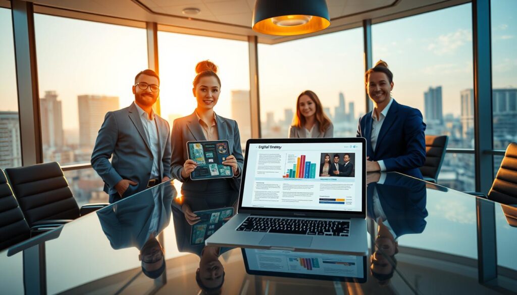 A modern, photorealistic office environment featuring a group of four diverse professionals gathered around a sleek, glass conference table. In the foreground, a confident woman in a smart business suit presents a digital strategy on a high-tech tablet. The middle ground showcases a stylish laptop displaying a vibrant launch plan, while the background features large windows and a city skyline bathed in soft, golden sunlight, enhancing the premium ambiance. The colors blue and gold dominate the scene, creating a clean and inspiring atmosphere. The composition is well-lit with natural light, and the perspective captures the dynamic interplay of teamwork and strategy development. No text or overlays included. A modern, photorealistic office environment featuring a group of four diverse professionals gathered around a sleek, glass conference table. In the foreground, a confident woman in a smart business suit presents a digital strategy on a high-tech tablet. The middle ground showcases a stylish laptop displaying a vibrant launch plan, while the background features large windows and a city skyline bathed in soft, golden sunlight, enhancing the premium ambiance. The colors blue and gold dominate the scene, creating a clean and inspiring atmosphere. The composition is well-lit with natural light, and the perspective captures the dynamic interplay of teamwork and strategy development. No text or overlays included.