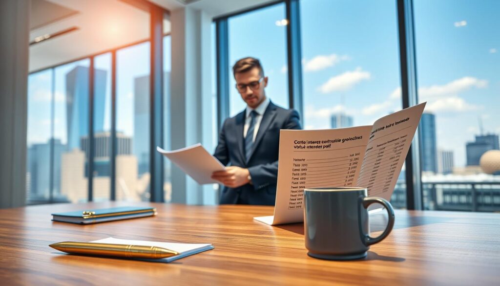 A modern, photorealistic office setting focused on a "conto deposito" theme. In the foreground, a sleek wooden desk is adorned with a sophisticated gold pen, an elegant notebook, and a stylish coffee cup. In the middle ground, a financial professional in a crisp, tailored suit is thoughtfully analyzing an interest rate brochure, appearing engaged and focused. The background features large windows with natural light pouring in, illuminating the space while showcasing a vibrant skyline reflecting blue and gold hues. The overall mood exudes professionalism and a sense of financial opportunity, ideal for conveying high-interest savings accounts in a premium, clean aesthetic. No text, charts, or additional distractions in the composition. A modern, photorealistic office setting focused on a "conto deposito" theme. In the foreground, a sleek wooden desk is adorned with a sophisticated gold pen, an elegant notebook, and a stylish coffee cup. In the middle ground, a financial professional in a crisp, tailored suit is thoughtfully analyzing an interest rate brochure, appearing engaged and focused. The background features large windows with natural light pouring in, illuminating the space while showcasing a vibrant skyline reflecting blue and gold hues. The overall mood exudes professionalism and a sense of financial opportunity, ideal for conveying high-interest savings accounts in a premium, clean aesthetic. No text, charts, or additional distractions in the composition.