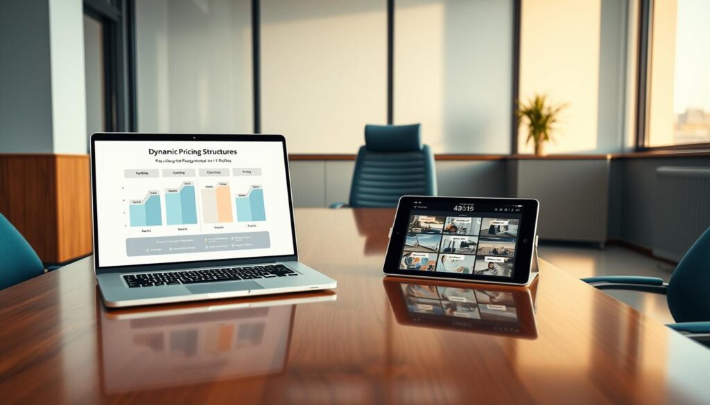 A modern, photorealistic office setting with a focus on dynamic pricing for stock images. In the foreground, a polished wooden table showcases a sleek laptop displaying an elegant diagram of dynamic pricing structures. Beside it, a tablet shows various stock images with customizable price tags in a minimalist design. In the middle, there’s a stylish office chair, and soft blue and gold accents create a sophisticated atmosphere. The background features a large window with natural light pouring in, illuminating the space with a warm glow. The room exudes professionalism, emphasizing the concept of personalized pricing plans for photographers, with glossy textures and clean lines. The mood is focused and innovative, reflecting a premium, high-end feel without any text or distractions.