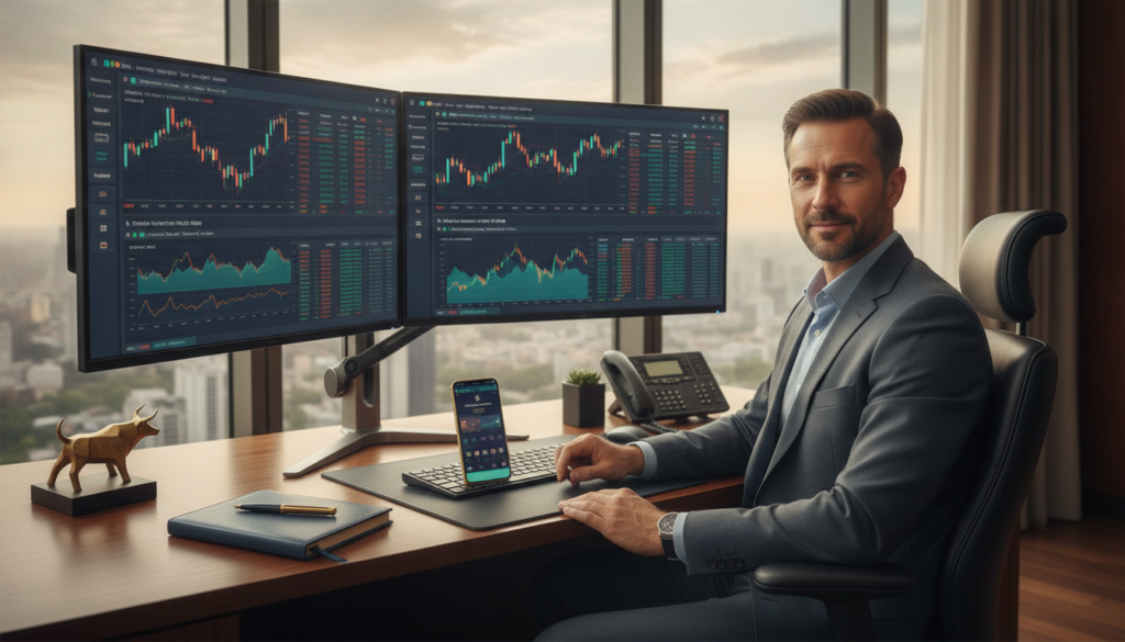 A modern, photorealistic trading platform selection scene in a sleek, upscale office environment. In the foreground, a confident business professional in formal attire sits at a high-tech workstation, reviewing trading software on dual monitors displaying clean, colorful data visualizations. The middle ground features an elegant desk displaying financial tools like a smartphone and notepad, all in harmonious blue and gold tones, symbolizing prosperity. The background shows a large window with a cityscape view, bathed in soft, natural lighting, creating a bright and inviting atmosphere. The composition emphasizes a blend of professionalism and technological advancement, with a focus on clarity and sophistication, suitable for a finance article. A modern, photorealistic trading platform selection scene in a sleek, upscale office environment. In the foreground, a confident business professional in formal attire sits at a high-tech workstation, reviewing trading software on dual monitors displaying clean, colorful data visualizations. The middle ground features an elegant desk displaying financial tools like a smartphone and notepad, all in harmonious blue and gold tones, symbolizing prosperity. The background shows a large window with a cityscape view, bathed in soft, natural lighting, creating a bright and inviting atmosphere. The composition emphasizes a blend of professionalism and technological advancement, with a focus on clarity and sophistication, suitable for a finance article.