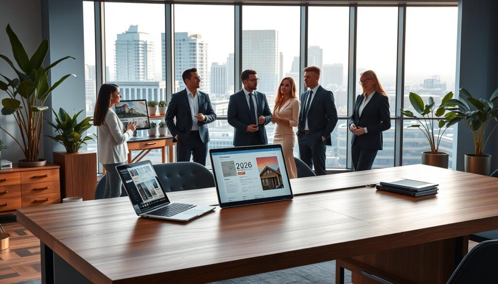 A modern real estate office environment, showcasing a sophisticated workspace focused on investment strategies for the year 2026. In the foreground, a sleek wooden desk with a laptop, open property listings on digital screens, and stylish professional business attire worn by a group of diverse individuals engaged in discussion. The middle ground features large windows revealing a city skyline with contemporary buildings, complemented by indoor plants adding a touch of greenery. In the background, a clean, elegant design with gold accents and blue color scheme emphasizes professionalism. Bright, natural lighting creates an inviting atmosphere. The overall mood conveys ambition and strategic planning in real estate investments, ideal for a comprehensive guide for beginners. No text or overlays present.