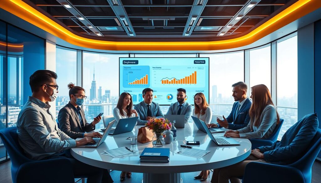 A modern, sleek e-commerce workspace in 2026, showcasing a diverse team of professionals in business attire discussing dropshipping strategies. In the foreground, a round table with laptops open, featuring documents and digital devices. The middle ground highlights a large screen displaying data analytics and trending products, surrounded by vibrant blue and gold accents in a clean, premium office environment. The background reveals a futuristic city skyline through large windows, bathed in soft, natural light that creates a bright, optimistic atmosphere. A sense of collaboration and innovation fills the air, emphasizing the dynamic nature of online business in a post-pandemic world. The overall mood is professional and inspiring, inviting viewers to envision the future of e-commerce. A modern, sleek e-commerce workspace in 2026, showcasing a diverse team of professionals in business attire discussing dropshipping strategies. In the foreground, a round table with laptops open, featuring documents and digital devices. The middle ground highlights a large screen displaying data analytics and trending products, surrounded by vibrant blue and gold accents in a clean, premium office environment. The background reveals a futuristic city skyline through large windows, bathed in soft, natural light that creates a bright, optimistic atmosphere. A sense of collaboration and innovation fills the air, emphasizing the dynamic nature of online business in a post-pandemic world. The overall mood is professional and inspiring, inviting viewers to envision the future of e-commerce.