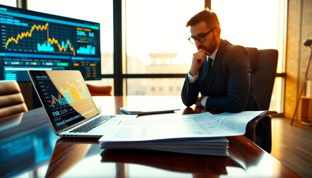 A modern, sleek office setting focused on investment analysis, featuring a polished wooden desk with a laptop showing financial graphs. The foreground includes a thoughtful professional wearing business attire, examining documents related to investment commissions within a Personal Investment Plan (PIR). The middle ground captures a digital screen displaying trends and risks associated with investment management in luminous blue and gold tones. The background consists of a large window, allowing warm sunlight to spill into the room, highlighting the sophisticated atmosphere. The mood is focused and analytical, conveying a sense of financial acumen and strategic planning. Photorealistic style, emphasizing clarity and detail without any text or clutter. A modern, sleek office setting focused on investment analysis, featuring a polished wooden desk with a laptop showing financial graphs. The foreground includes a thoughtful professional wearing business attire, examining documents related to investment commissions within a Personal Investment Plan (PIR). The middle ground captures a digital screen displaying trends and risks associated with investment management in luminous blue and gold tones. The background consists of a large window, allowing warm sunlight to spill into the room, highlighting the sophisticated atmosphere. The mood is focused and analytical, conveying a sense of financial acumen and strategic planning. Photorealistic style, emphasizing clarity and detail without any text or clutter.